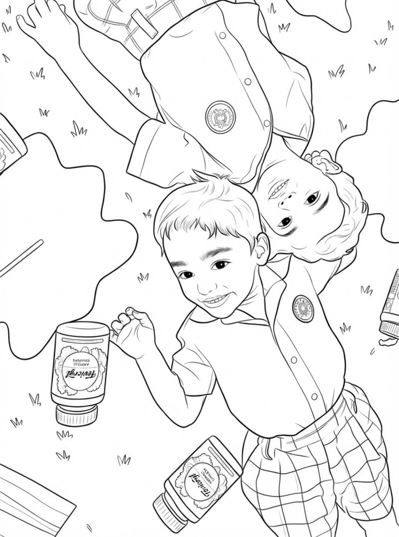 Hand-redrawn black and white coloring-book sketch of two brothers, based on their real photo